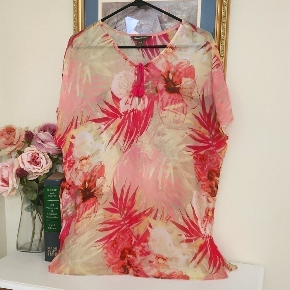100%Silk Tommy Bahama Sheer Top Coastal Vacation Cruise Lagenlook Career Medium